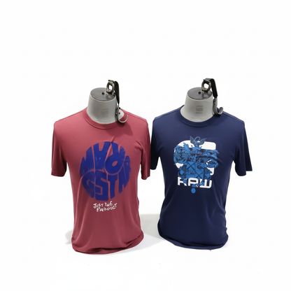 Grey and navy green male torso mannequins displaying graphic t-shirts