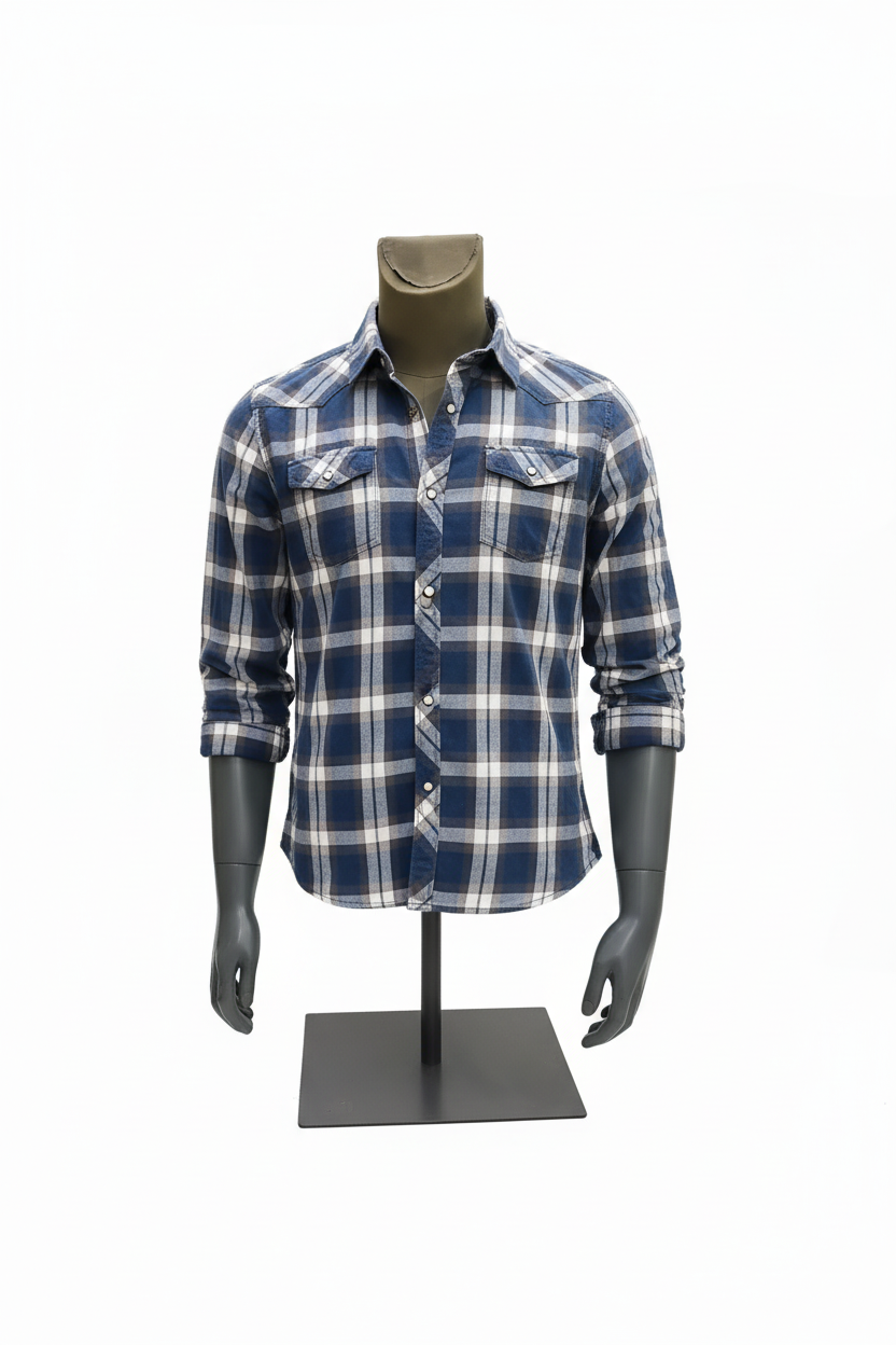 Male torso mannequin displaying plaid shirt on metal stand