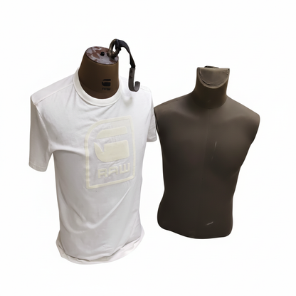 Male torso mannequins, one in white t-shirt and one bare navy green form