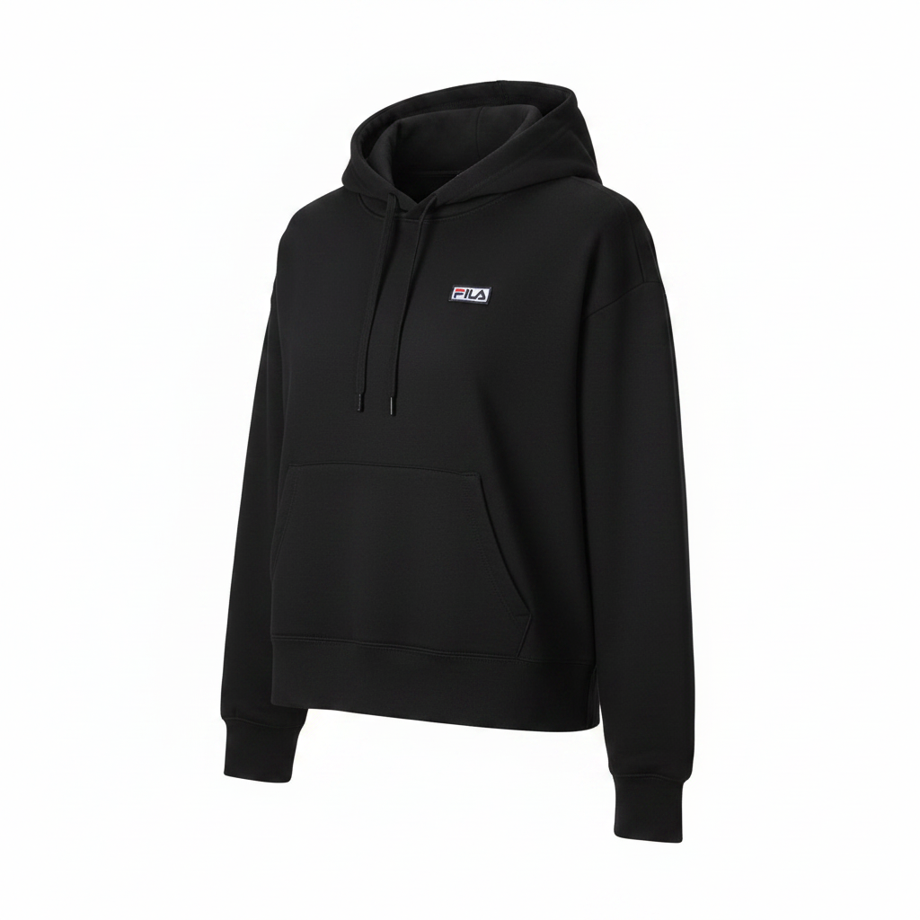 Fila black hoodie, angled view