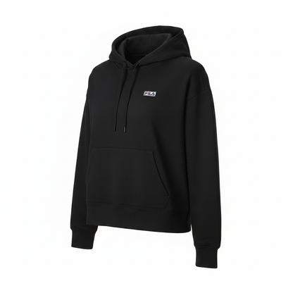 Fila black hoodie, angled view