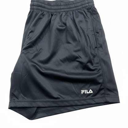 Close-up of Fila logo on black shorts hem