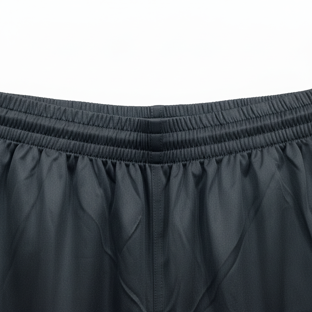 Close-up of black Fila shorts elastic waistband