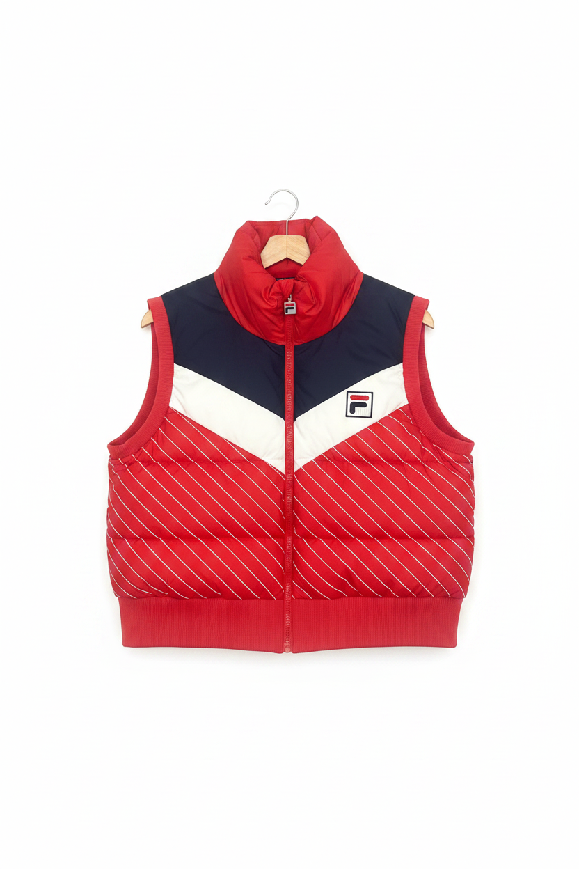 Fila red quilted gilet with navy and white chevron on hanger
