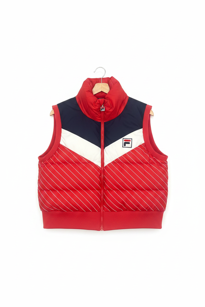 Fila red quilted gilet with navy and white chevron on hanger
