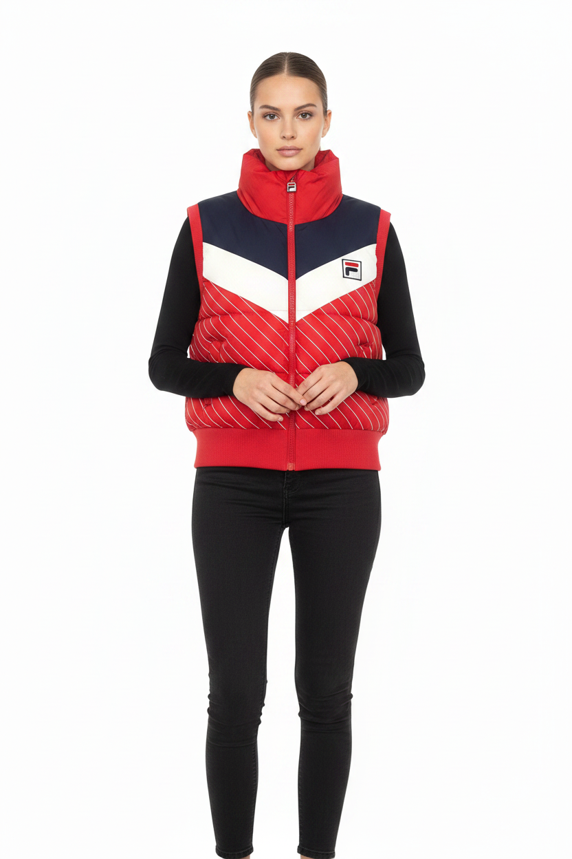 Woman wearing Fila red and navy quilted gilet