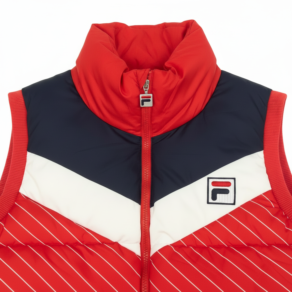 Close-up of Fila logo on red quilted gilet