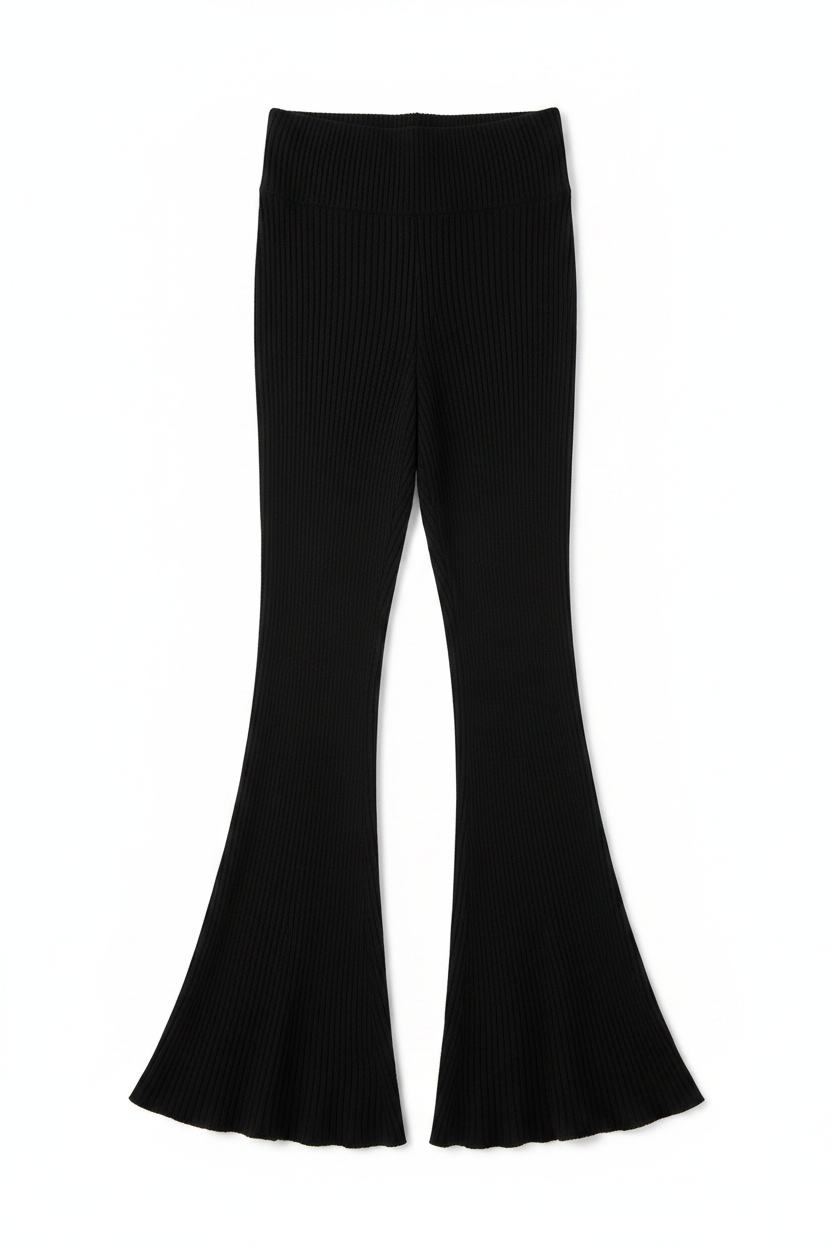 Flat Lay - Black Ribbed Flare Pants