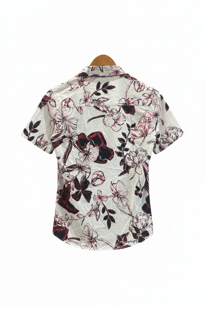 Back view of MNG floral print shirt on hanger