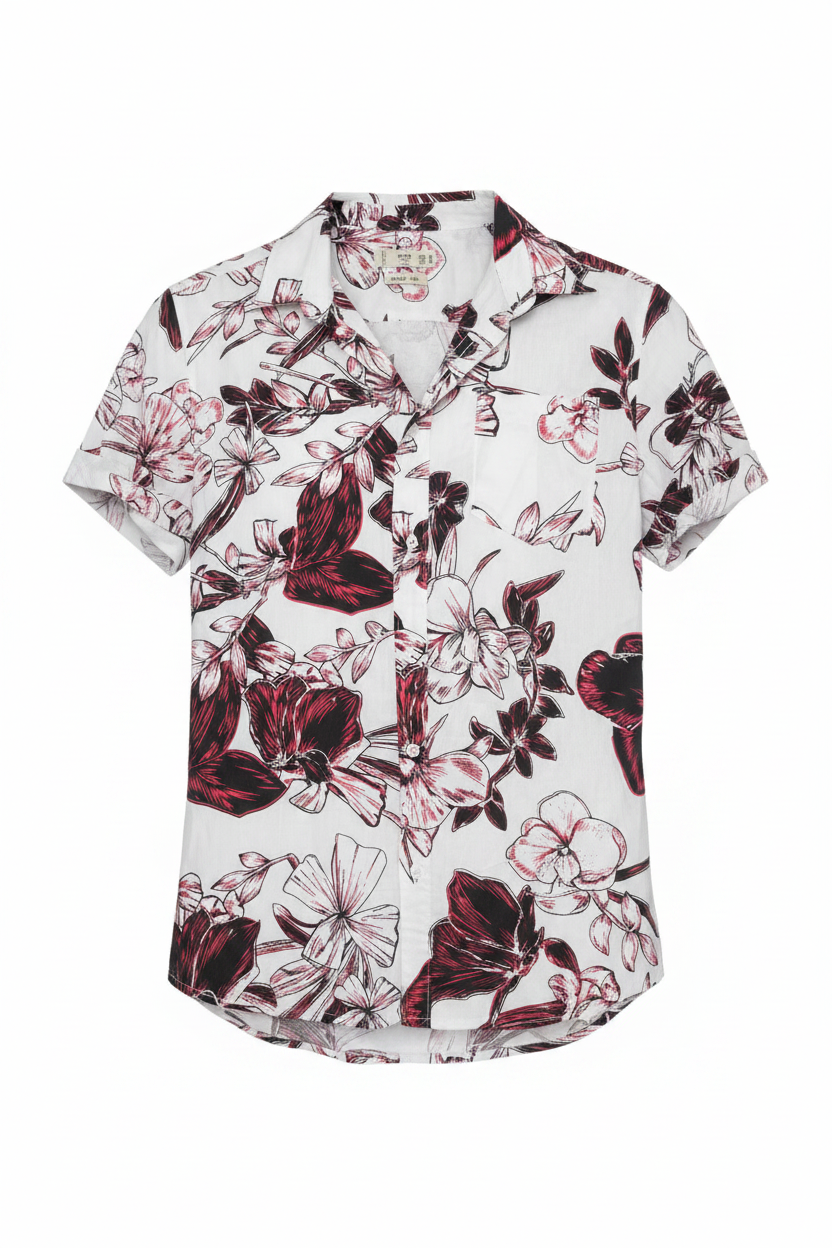 MNG white and burgundy floral short-sleeve shirt, flat front view