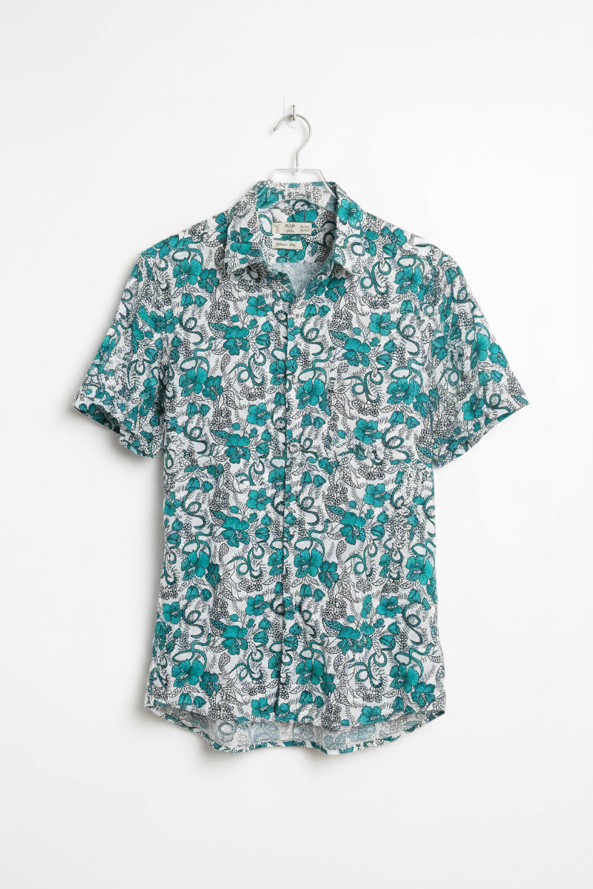 MNG teal and white floral print slim shirt on hanger, front view