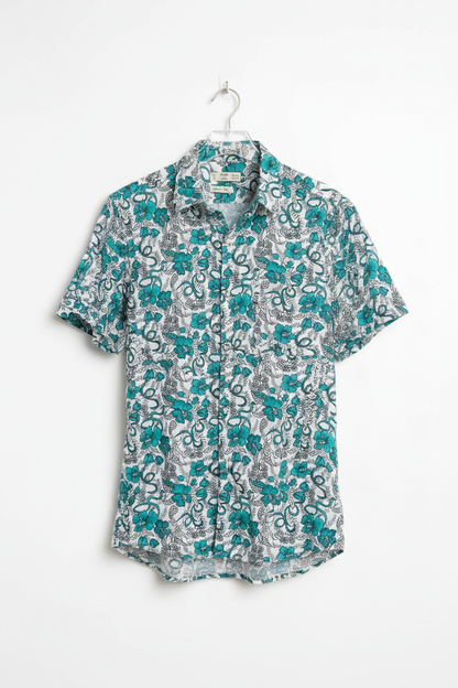 MNG teal and white floral print slim shirt on hanger, front view
