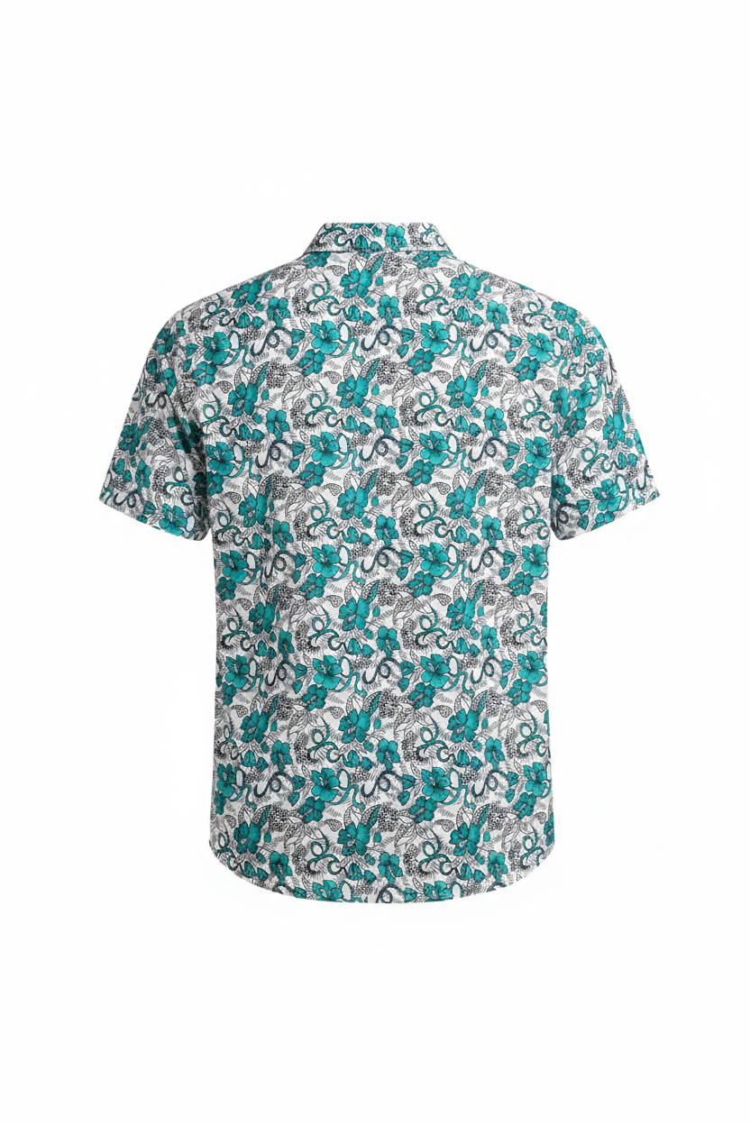 Back view of MNG teal floral short-sleeve shirt