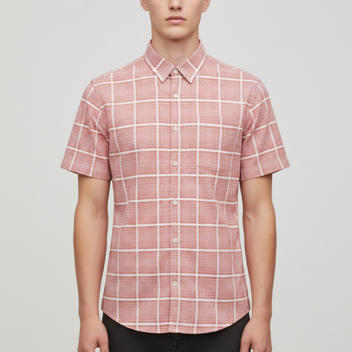 Clearance of Kaari Shirt – Men's Coral Gingham Check Half-Sleeve Dress