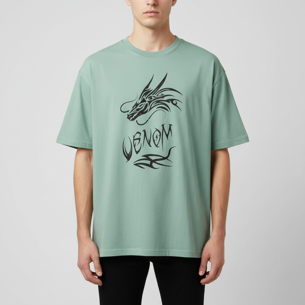 BS Style men's mint green oversized t-shirt with black Venom dragon print, front on model