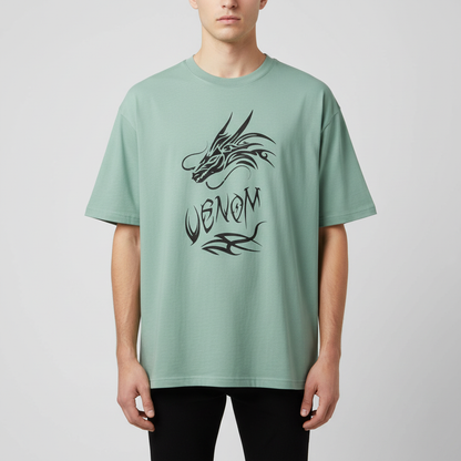 BS Style men's mint green oversized t-shirt with black Venom dragon print, front on model