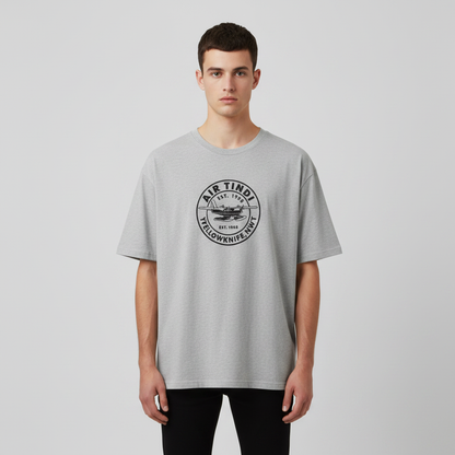 BS Style men's heather grey oversized t-shirt with Air Tindi round graphic, front on model