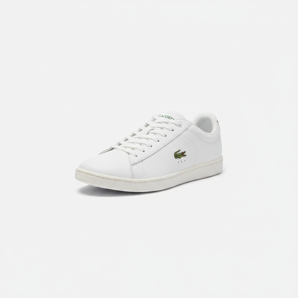 Lacoste Carnaby Pro men's white leather low-top sneaker with green croc, side view
