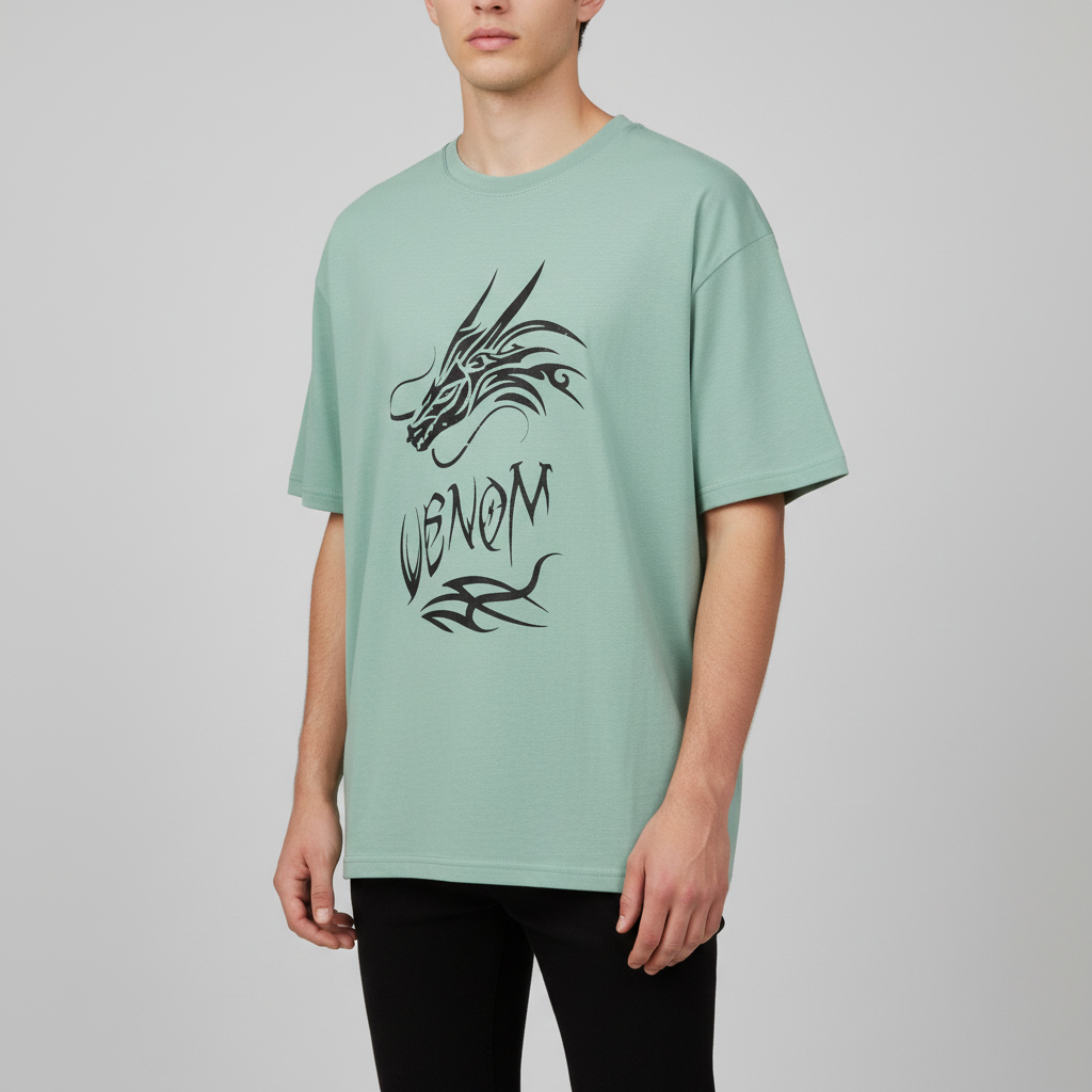 BS Style mint green Venom graphic t-shirt, angled view on model