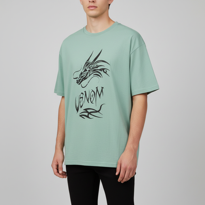 BS Style mint green Venom graphic t-shirt, angled view on model