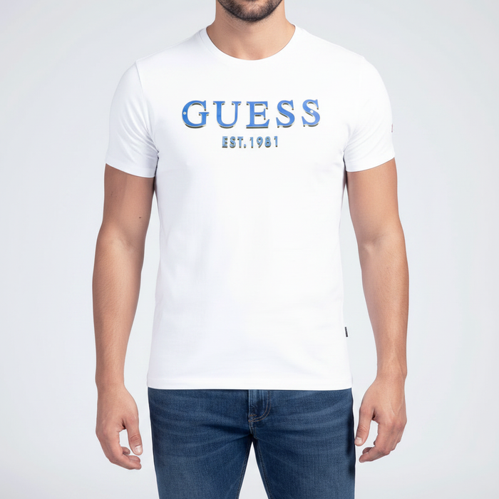 Clearance of Guess T-Shirt – White Slim Fit Front Logo T-Shirt