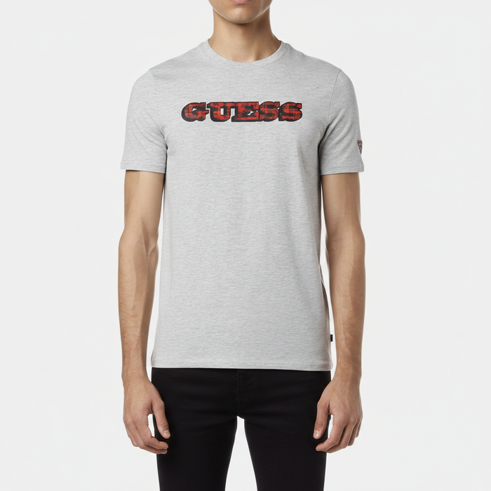 Clearance of Guess T-Shirt – Men's Tartan Logo T-Shirt Grey