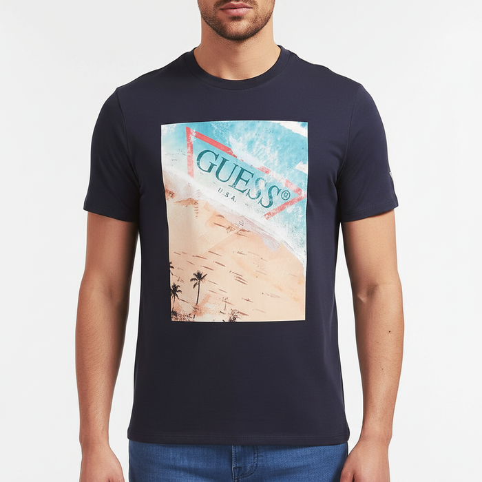 Clearance of Guess T-Shirt – Men's Dark Blue Beach Print T-Shirt
