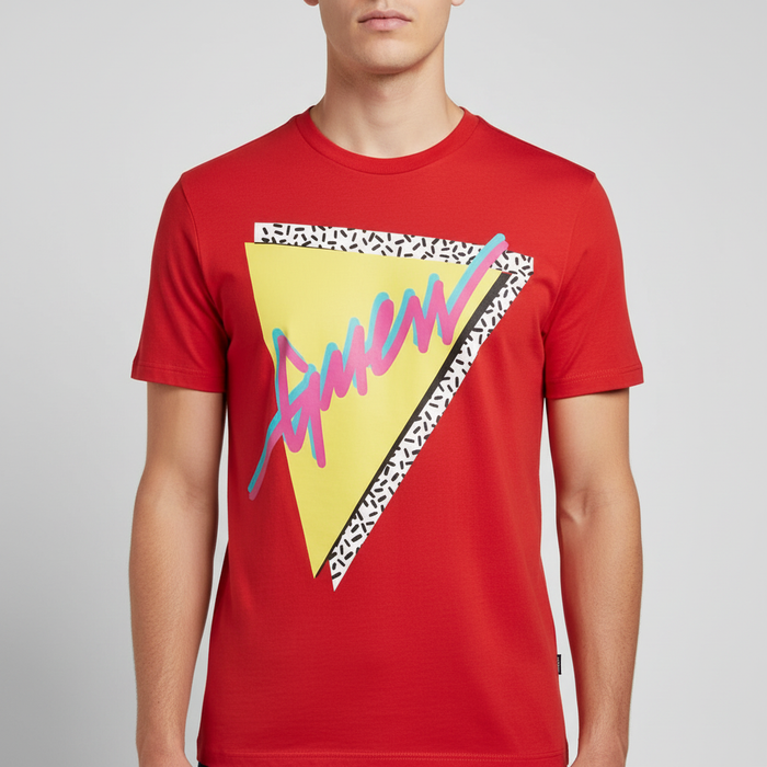 Clearance of Guess T-Shirt – Men's Fresh Script Triangle T-Shirt – Red