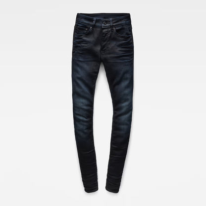 Laid flat view of dark blue skinny jeans highlighting the skinny fit.