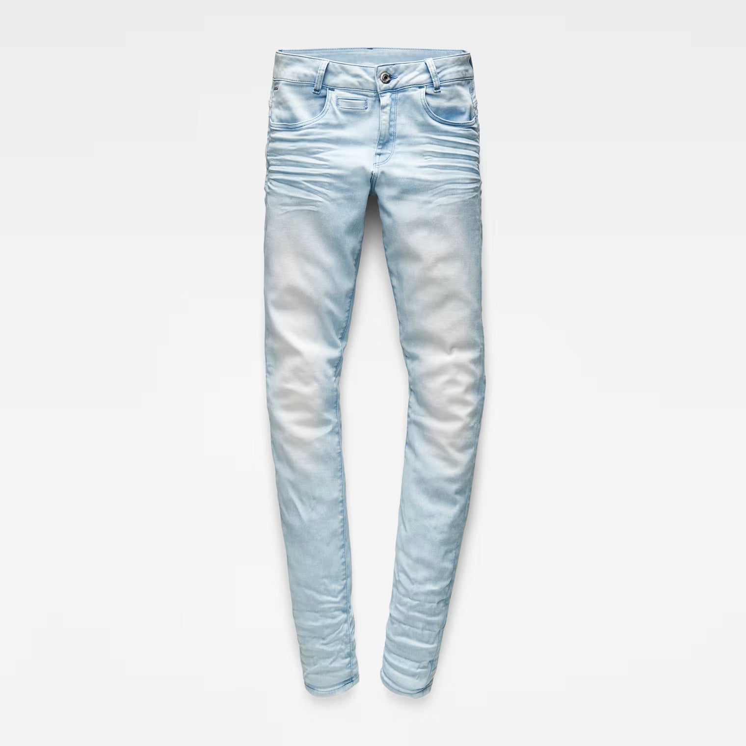 Front view of light blue skinny jeans with a 5-pocket design displayed on a white background.