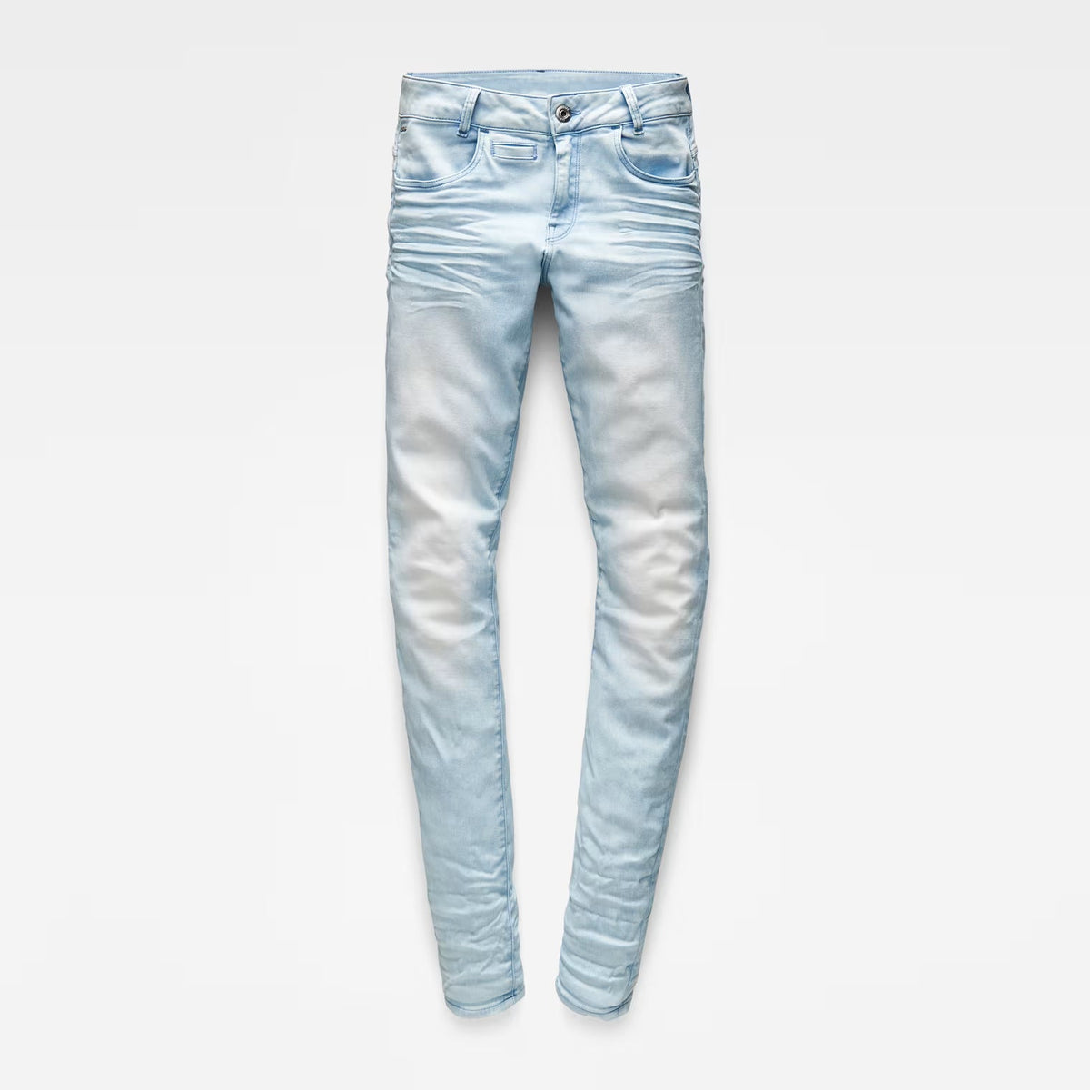 Front view of light blue skinny jeans with a 5-pocket design displayed on a white background.