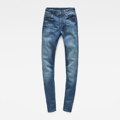 Front view of medium blue skinny jeans with a fitted design and high waist.