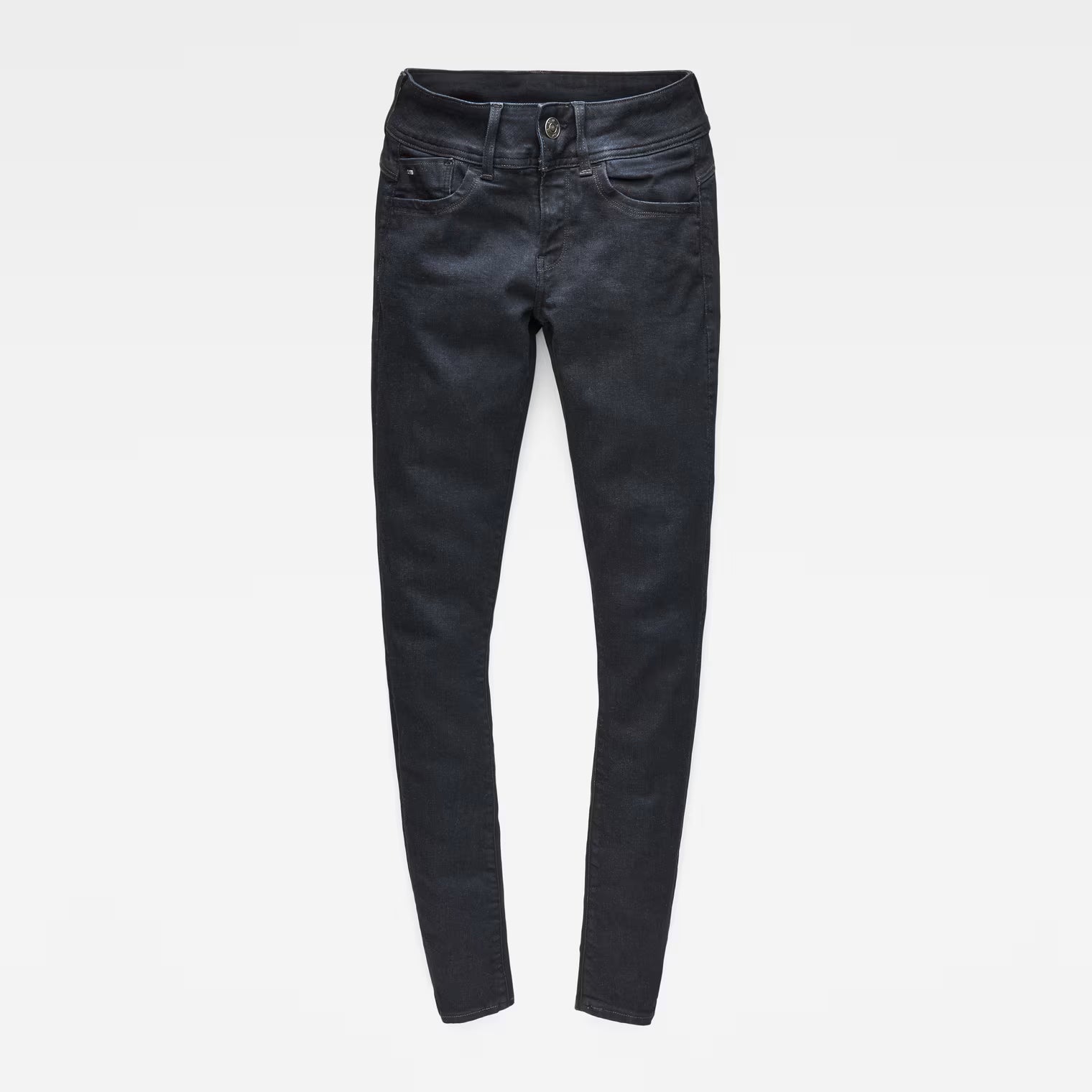 Front view of black super skinny jeans with a super skinny fit and mid-rise on a white background.