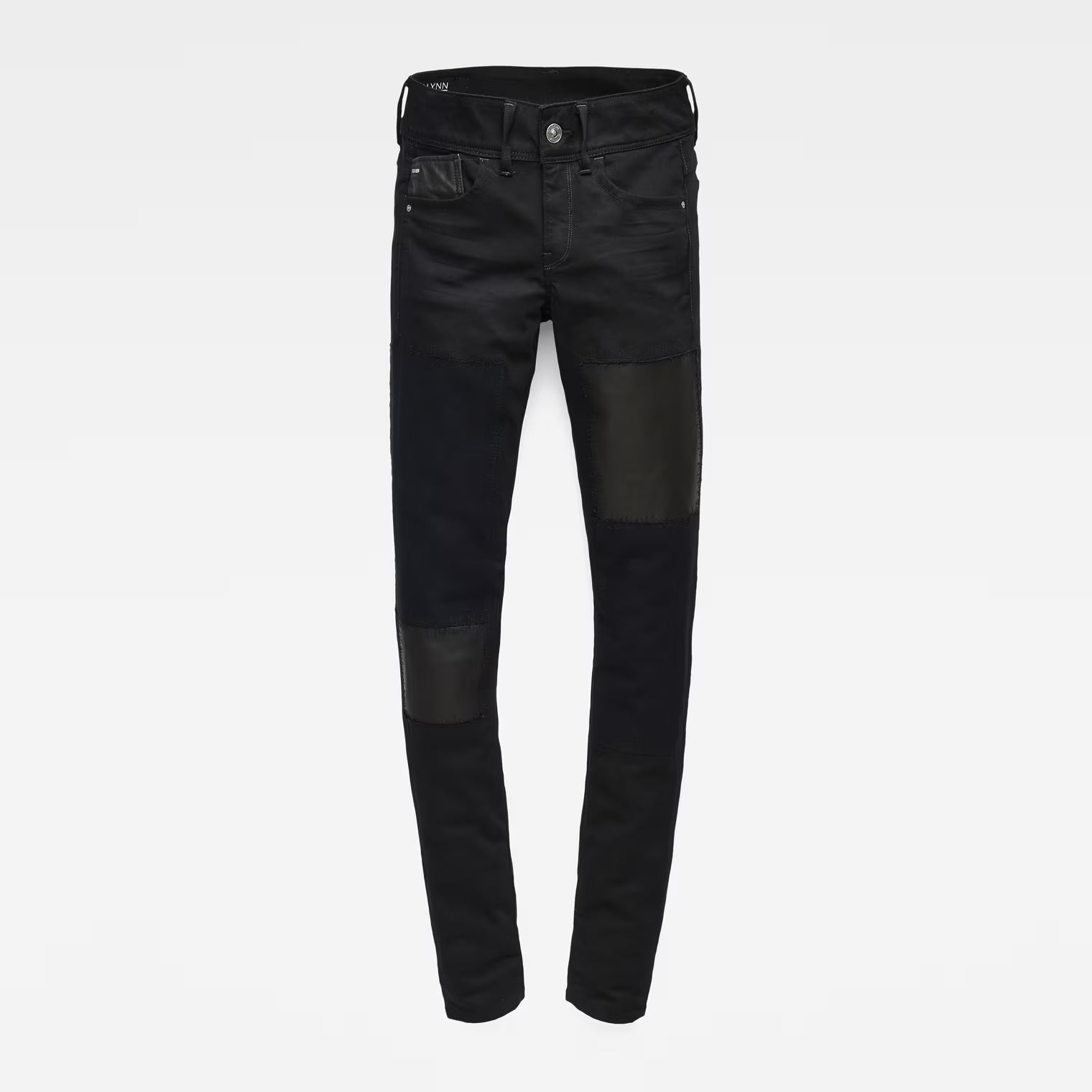 Front view of black skinny jeans showcasing a mid-rise fit on a white background.
