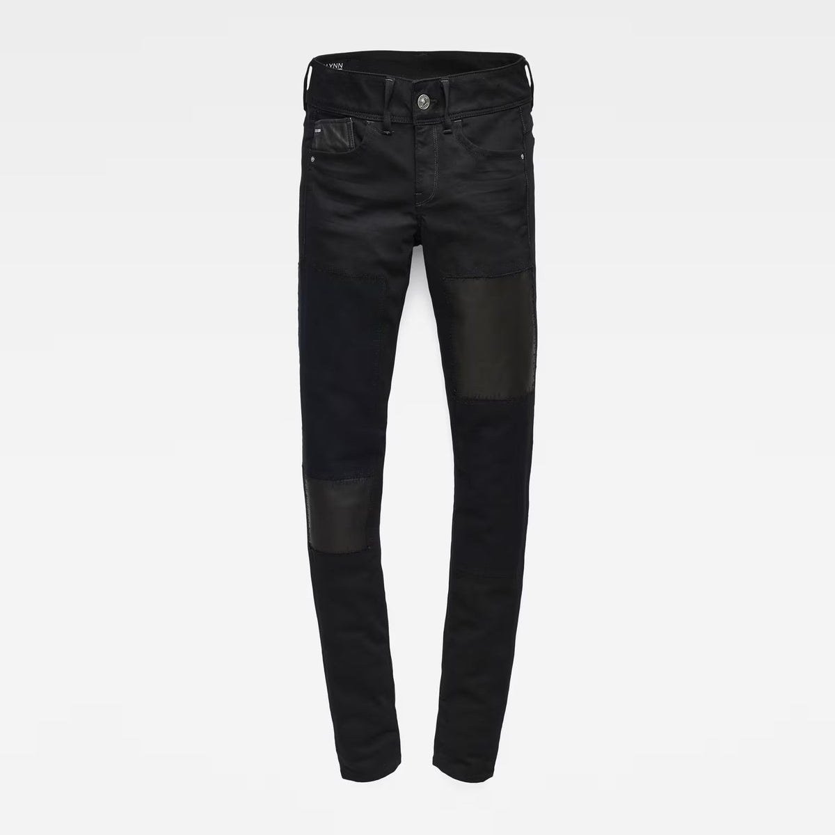 Front view of black skinny jeans showcasing a mid-rise fit on a white background.