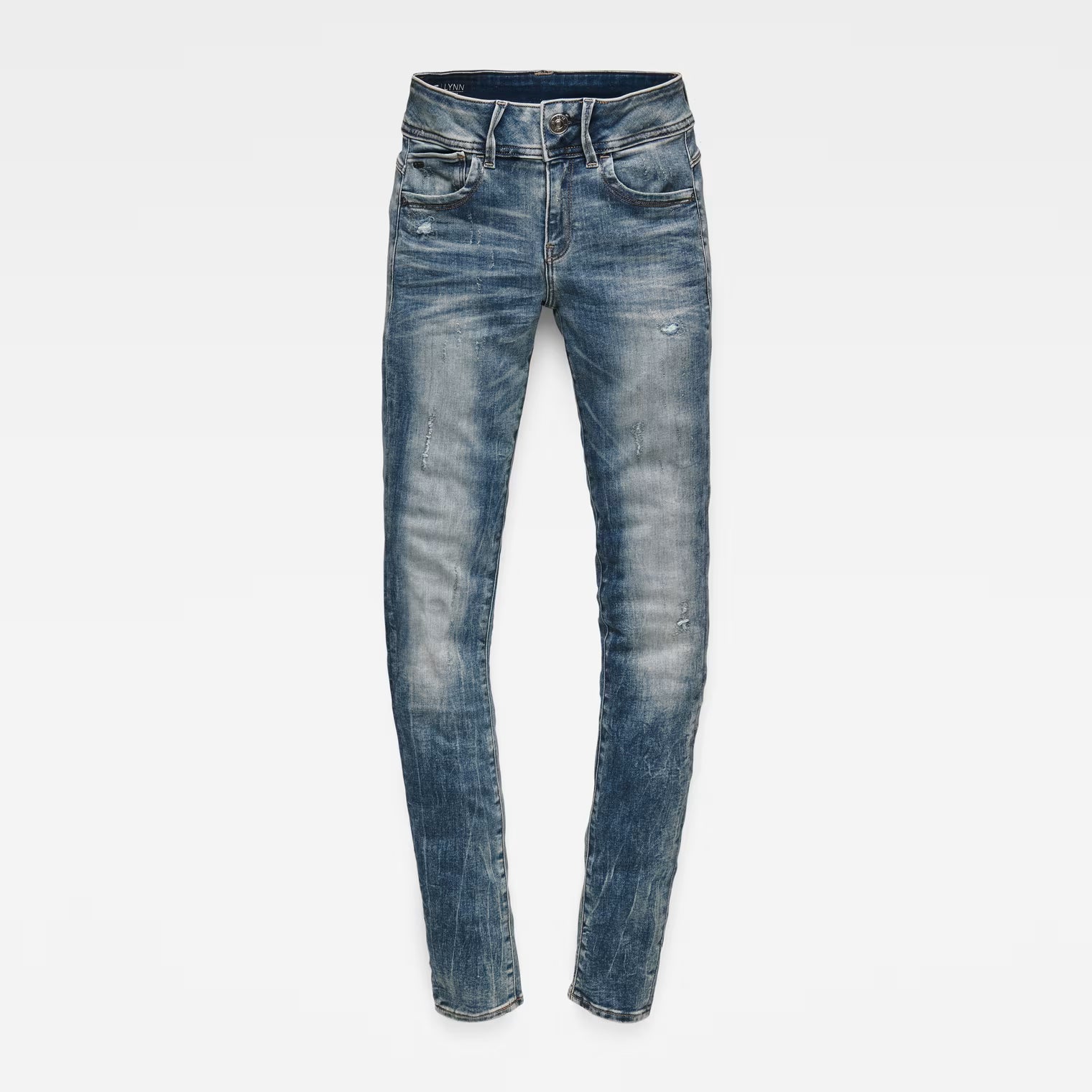 Front view of light blue skinny jeans showcasing a mid waist fit on a white background