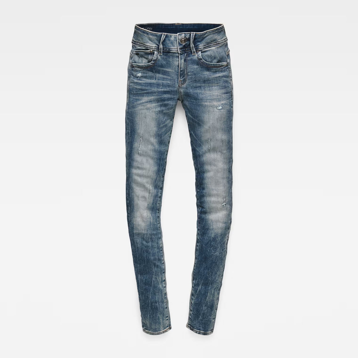 Front view of light blue skinny jeans showcasing a mid waist fit on a white background