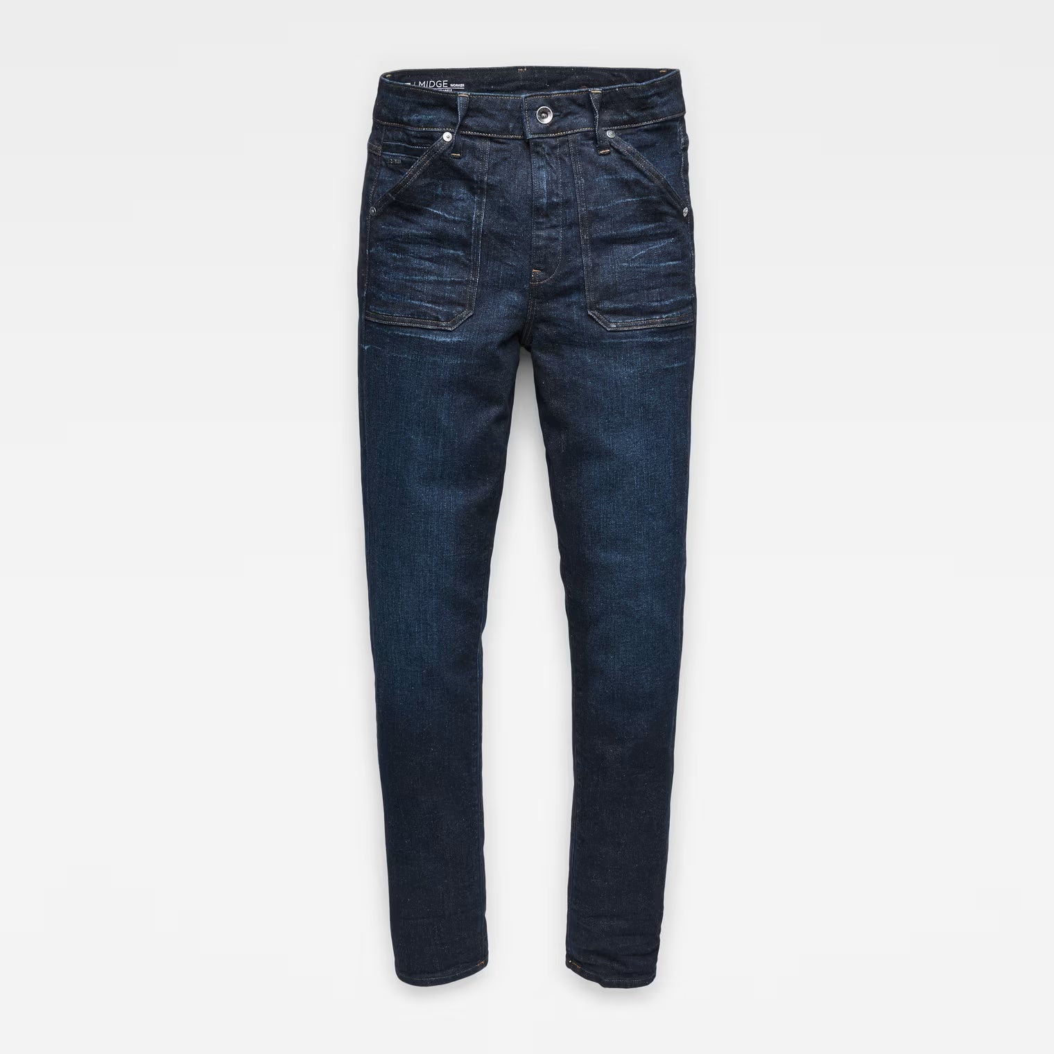 Front view of dark blue high waist straight ankle jeans featuring zipper closure and straight fit.
