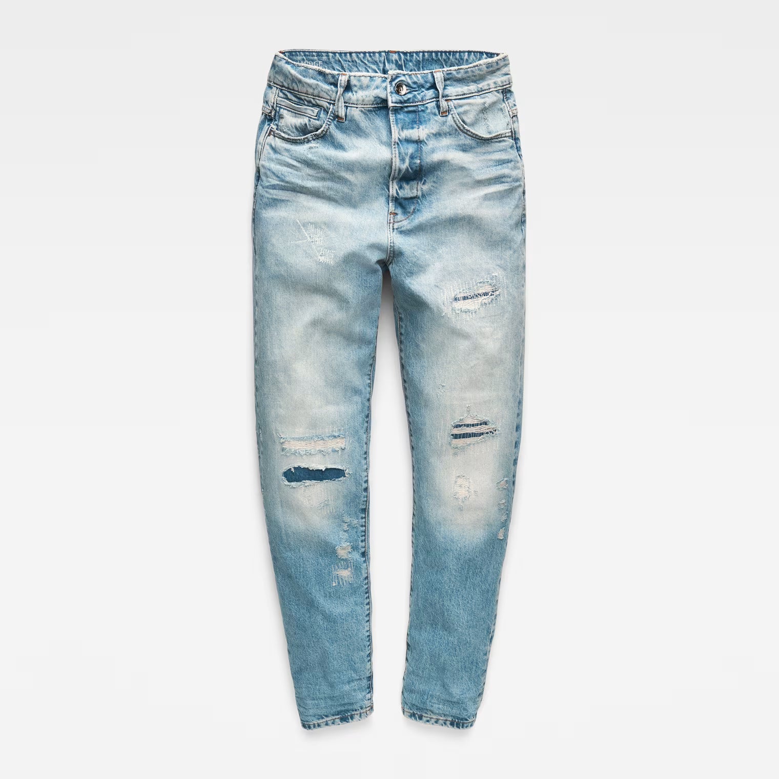 Front view of light blue high waist boyfriend jeans with distressed details on a white background.