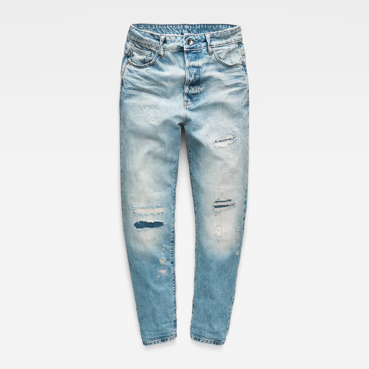 Front view of light blue high waist boyfriend jeans with distressed details on a white background.