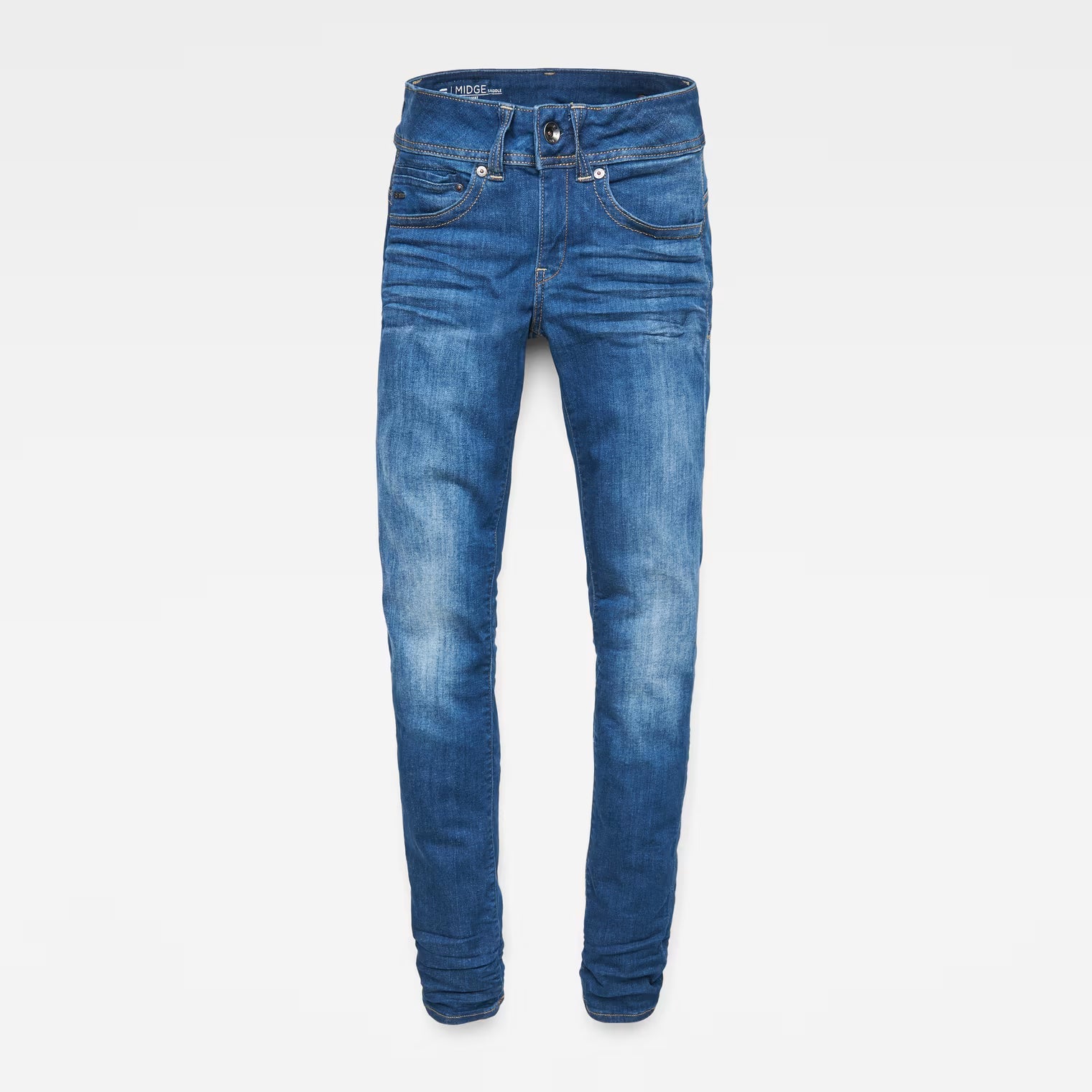 Other angle of medium blue jeans displaying mid waist and straight fit on a white background.