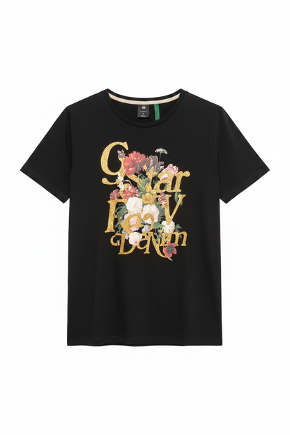 Black G-Star Raw women's slim T-shirt with gold lettering and flower print, flat front view