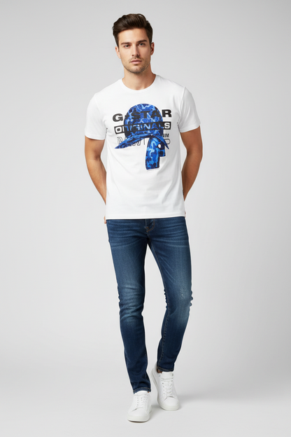 G-Star Raw Originals Graphic T-Shirt – White / Blue Camo