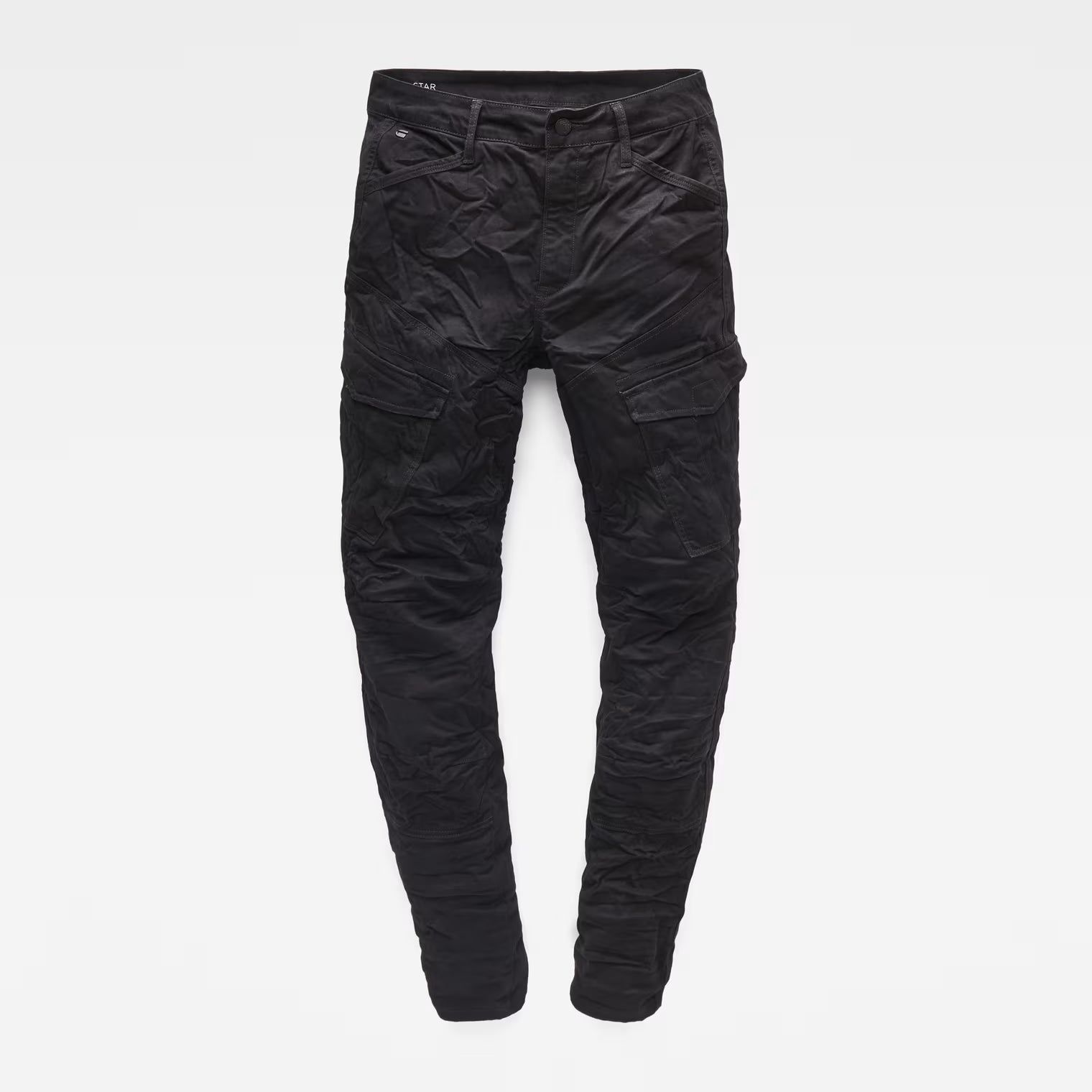 Front view of the black skinny cargo pants with a flat front and cargo pockets.