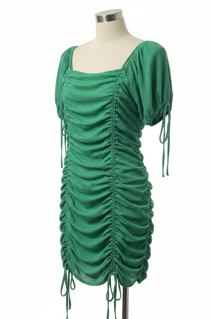 Green ruched Diyana Secret fitted dress with square neck on mannequin, front view