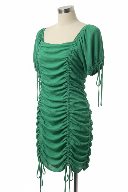 Green ruched Diyana Secret fitted dress with square neck on mannequin, front view