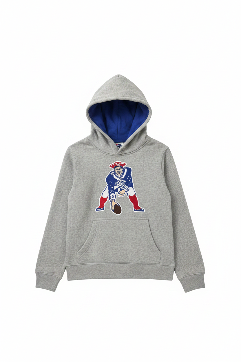 NFL grey youth hoodie with Patriots logo, front