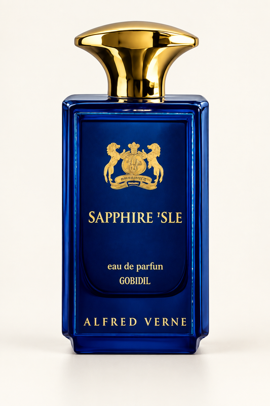 Alfred Verne Sapphire Isle blue perfume bottle with gold cap on a clean studio background