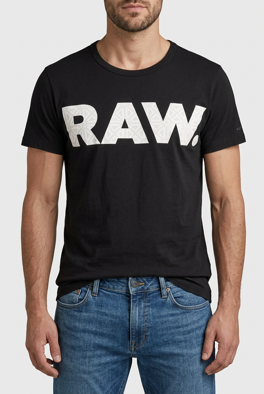 Male model wearing a black G-Star RAW graphic T-shirt