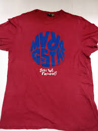 AYYA RSTN Just Be Present T-Shirt in Red with blue circular graphic print